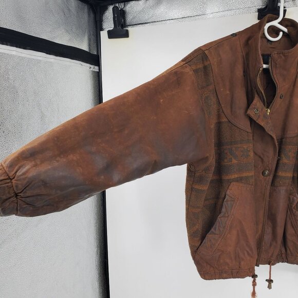 Vintage Winlit Leather and Wool Blend Western Aztec Bomber Jacket Coat Medium - Picture 5 of 16